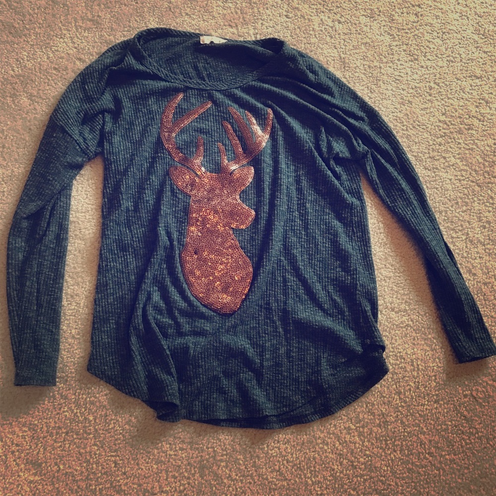 Sequin Antler Long Sleeve Waffle Tee